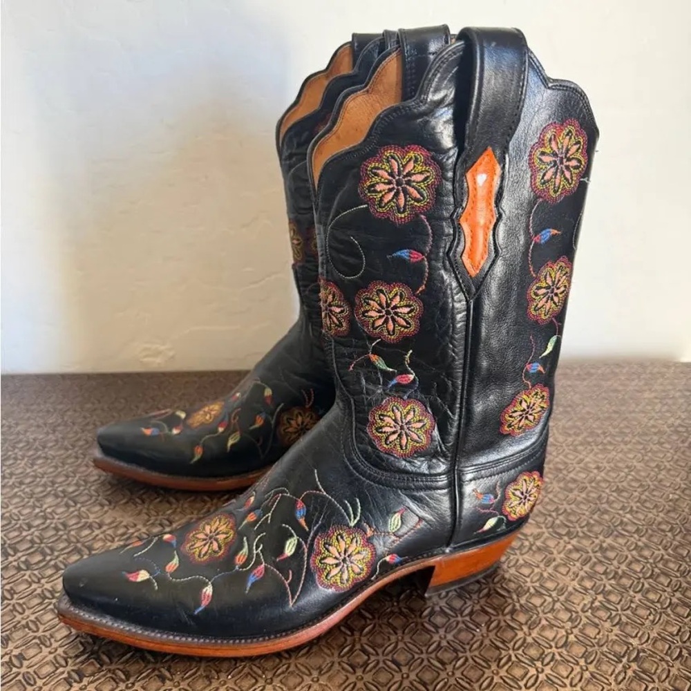 Lucchese Black Leather Western Boots with Multicolor Floral Embroidery